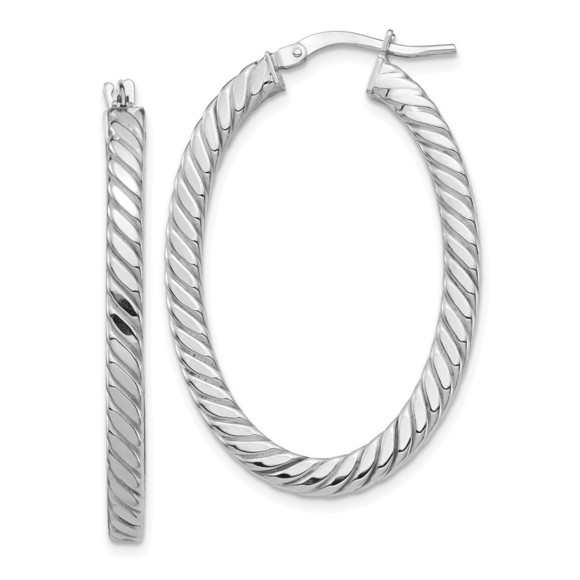 14k White Gold Polished & Twisted 3mm Square Tube Oval Hoop Earrings - Picture 1 of 4
